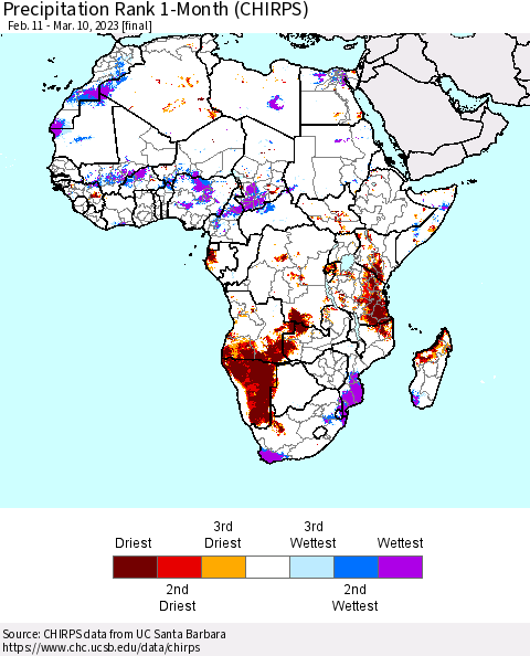 Africa Precipitation Rank since 1981, 1-Month (CHIRPS) Thematic Map For 2/11/2023 - 3/10/2023