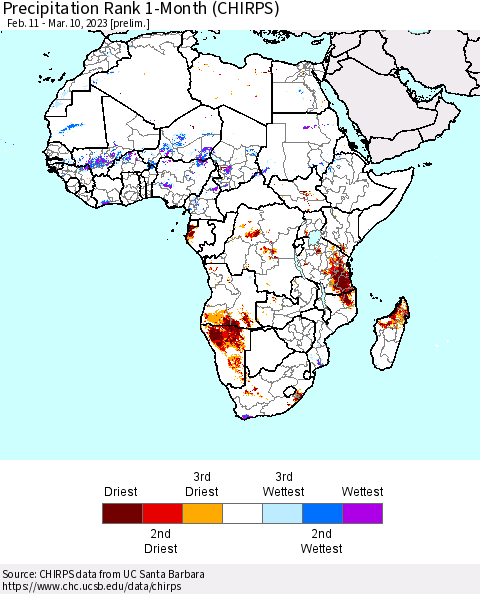 Africa Precipitation Rank 1-Month (CHIRPS) Thematic Map For 2/11/2023 - 3/10/2023