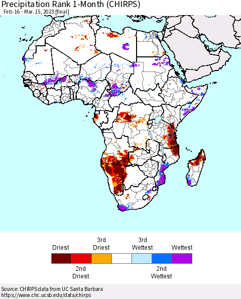 Africa Precipitation Rank since 1981, 1-Month (CHIRPS) Thematic Map For 2/16/2023 - 3/15/2023
