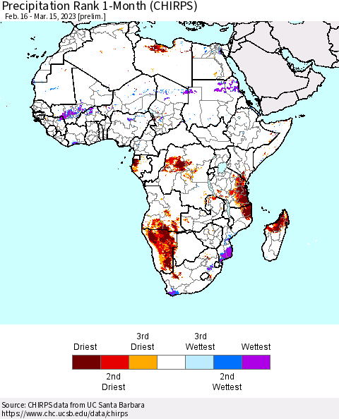Africa Precipitation Rank 1-Month (CHIRPS) Thematic Map For 2/16/2023 - 3/15/2023