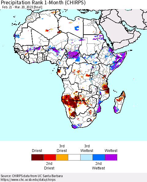 Africa Precipitation Rank since 1981, 1-Month (CHIRPS) Thematic Map For 2/21/2023 - 3/20/2023