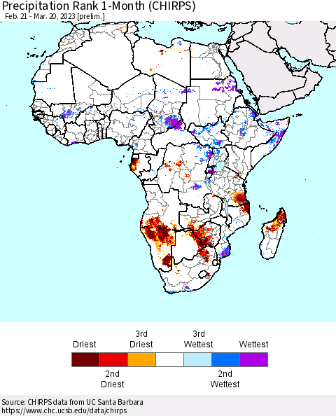 Africa Precipitation Rank 1-Month (CHIRPS) Thematic Map For 2/21/2023 - 3/20/2023