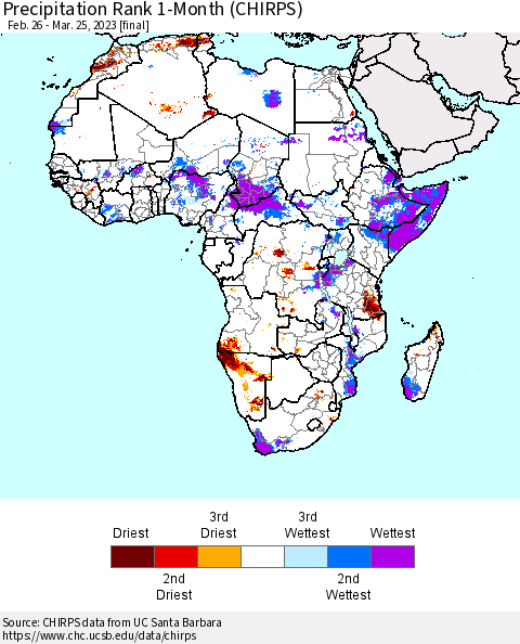 Africa Precipitation Rank since 1981, 1-Month (CHIRPS) Thematic Map For 2/26/2023 - 3/25/2023