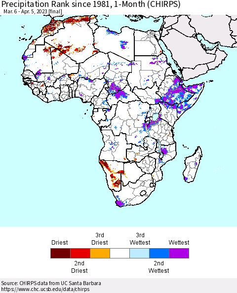 Africa Precipitation Rank since 1981, 1-Month (CHIRPS) Thematic Map For 3/6/2023 - 4/5/2023