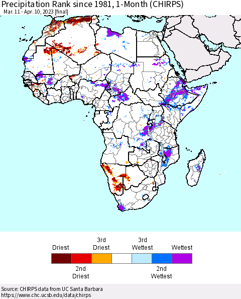 Africa Precipitation Rank since 1981, 1-Month (CHIRPS) Thematic Map For 3/11/2023 - 4/10/2023