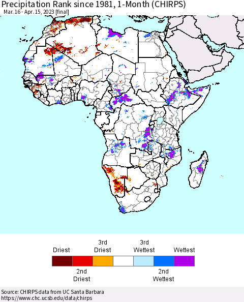 Africa Precipitation Rank since 1981, 1-Month (CHIRPS) Thematic Map For 3/16/2023 - 4/15/2023