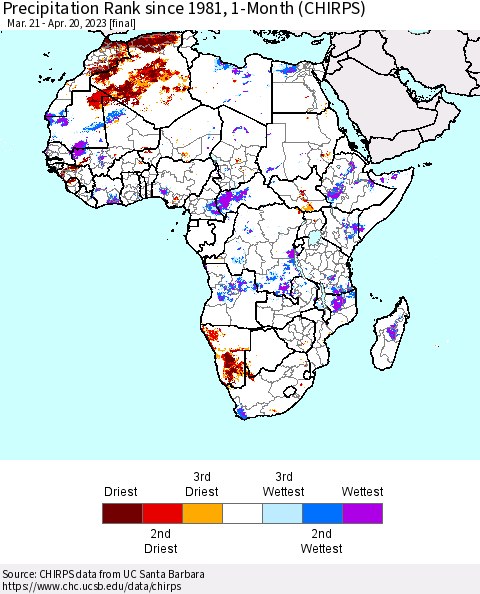 Africa Precipitation Rank since 1981, 1-Month (CHIRPS) Thematic Map For 3/21/2023 - 4/20/2023