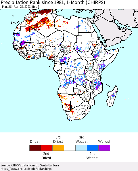 Africa Precipitation Rank since 1981, 1-Month (CHIRPS) Thematic Map For 3/26/2023 - 4/25/2023
