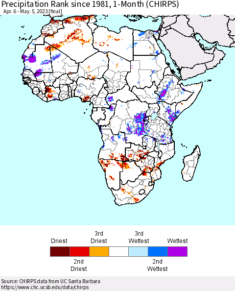 Africa Precipitation Rank since 1981, 1-Month (CHIRPS) Thematic Map For 4/6/2023 - 5/5/2023