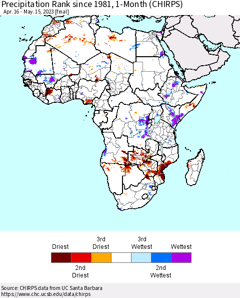 Africa Precipitation Rank since 1981, 1-Month (CHIRPS) Thematic Map For 4/16/2023 - 5/15/2023
