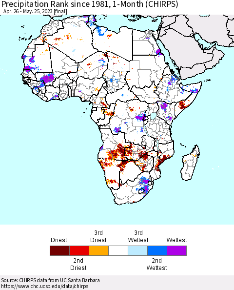 Africa Precipitation Rank since 1981, 1-Month (CHIRPS) Thematic Map For 4/26/2023 - 5/25/2023