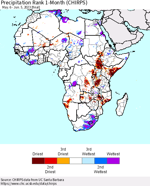 Africa Precipitation Rank since 1981, 1-Month (CHIRPS) Thematic Map For 5/6/2023 - 6/5/2023