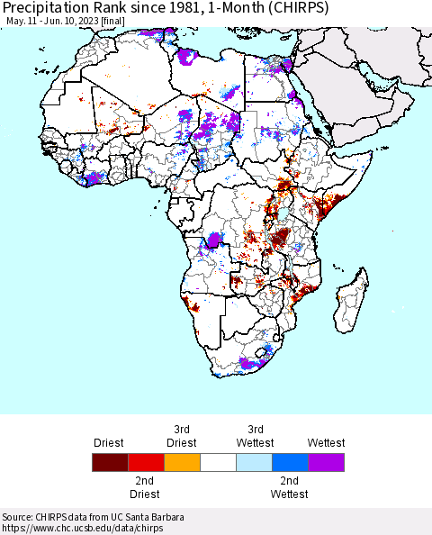 Africa Precipitation Rank since 1981, 1-Month (CHIRPS) Thematic Map For 5/11/2023 - 6/10/2023