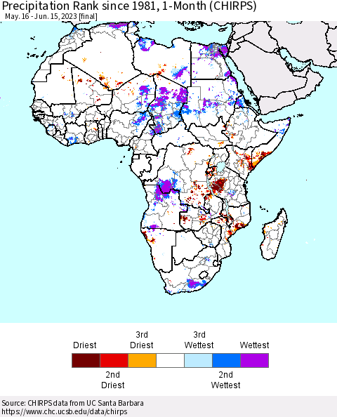 Africa Precipitation Rank since 1981, 1-Month (CHIRPS) Thematic Map For 5/16/2023 - 6/15/2023