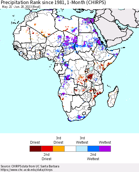 Africa Precipitation Rank since 1981, 1-Month (CHIRPS) Thematic Map For 5/21/2023 - 6/20/2023