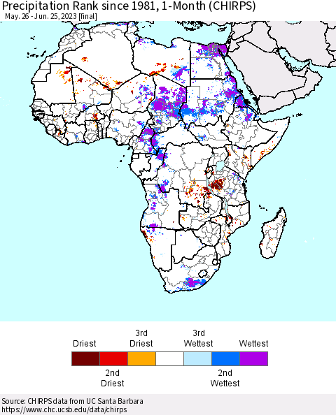Africa Precipitation Rank since 1981, 1-Month (CHIRPS) Thematic Map For 5/26/2023 - 6/25/2023