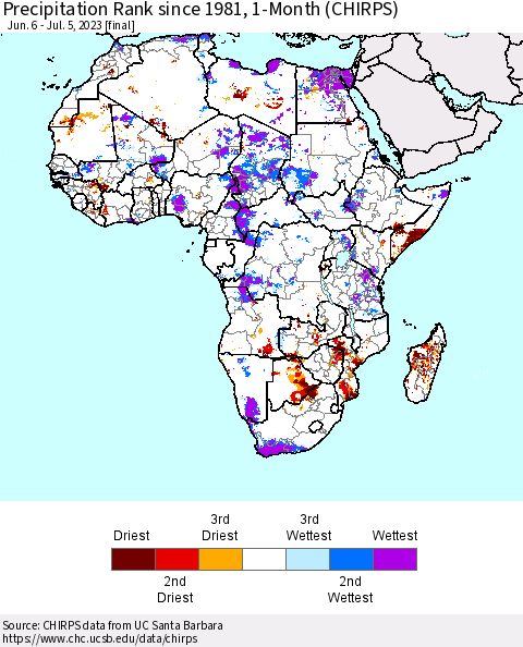 Africa Precipitation Rank since 1981, 1-Month (CHIRPS) Thematic Map For 6/6/2023 - 7/5/2023