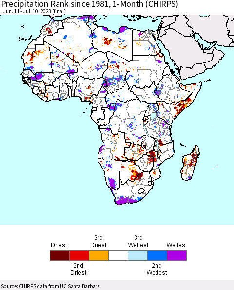 Africa Precipitation Rank since 1981, 1-Month (CHIRPS) Thematic Map For 6/11/2023 - 7/10/2023