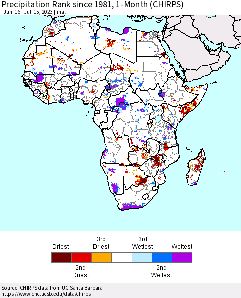 Africa Precipitation Rank since 1981, 1-Month (CHIRPS) Thematic Map For 6/16/2023 - 7/15/2023