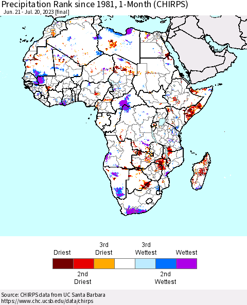 Africa Precipitation Rank since 1981, 1-Month (CHIRPS) Thematic Map For 6/21/2023 - 7/20/2023