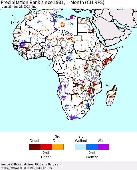 Africa Precipitation Rank since 1981, 1-Month (CHIRPS) Thematic Map For 6/26/2023 - 7/25/2023