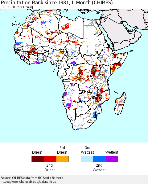 Africa Precipitation Rank since 1981, 1-Month (CHIRPS) Thematic Map For 7/1/2023 - 7/31/2023