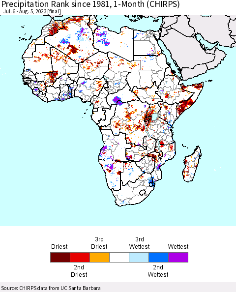 Africa Precipitation Rank since 1981, 1-Month (CHIRPS) Thematic Map For 7/6/2023 - 8/5/2023