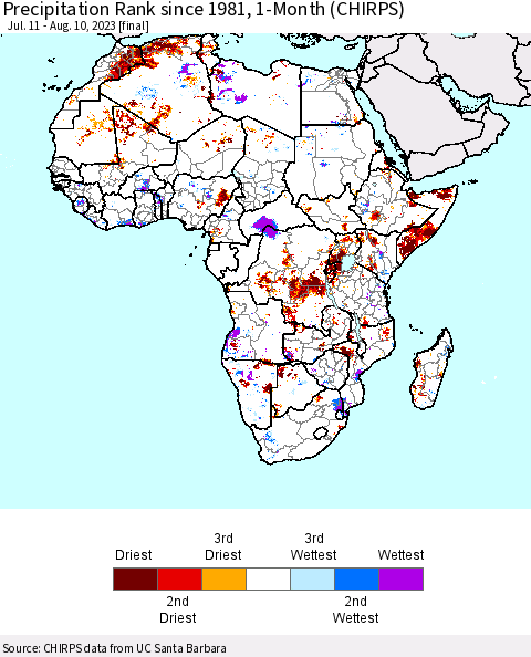 Africa Precipitation Rank since 1981, 1-Month (CHIRPS) Thematic Map For 7/11/2023 - 8/10/2023