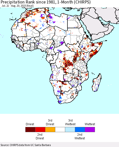 Africa Precipitation Rank since 1981, 1-Month (CHIRPS) Thematic Map For 7/21/2023 - 8/20/2023