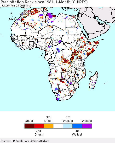 Africa Precipitation Rank since 1981, 1-Month (CHIRPS) Thematic Map For 7/26/2023 - 8/25/2023