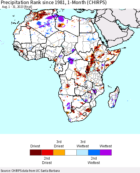 Africa Precipitation Rank since 1981, 1-Month (CHIRPS) Thematic Map For 8/1/2023 - 8/31/2023