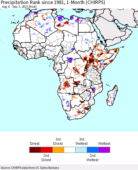 Africa Precipitation Rank since 1981, 1-Month (CHIRPS) Thematic Map For 8/6/2023 - 9/5/2023