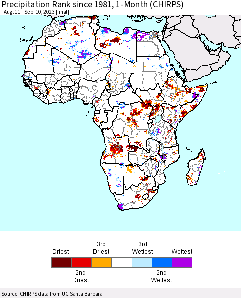 Africa Precipitation Rank since 1981, 1-Month (CHIRPS) Thematic Map For 8/11/2023 - 9/10/2023
