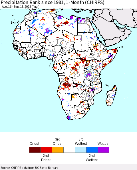 Africa Precipitation Rank since 1981, 1-Month (CHIRPS) Thematic Map For 8/16/2023 - 9/15/2023