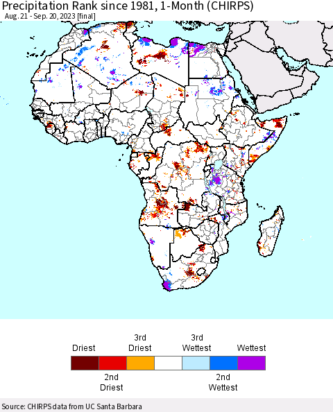 Africa Precipitation Rank since 1981, 1-Month (CHIRPS) Thematic Map For 8/21/2023 - 9/20/2023
