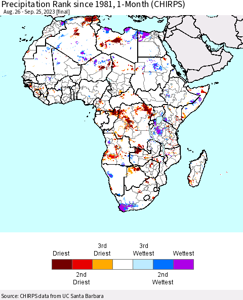 Africa Precipitation Rank since 1981, 1-Month (CHIRPS) Thematic Map For 8/26/2023 - 9/25/2023