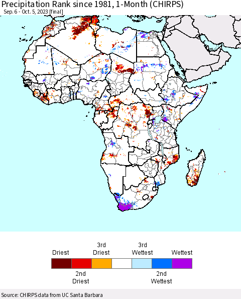 Africa Precipitation Rank since 1981, 1-Month (CHIRPS) Thematic Map For 9/6/2023 - 10/5/2023