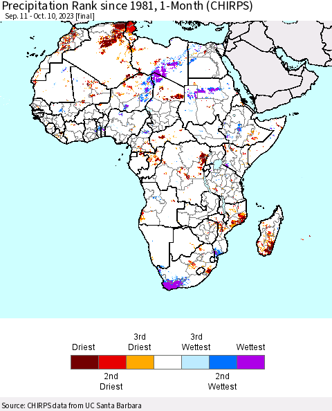 Africa Precipitation Rank since 1981, 1-Month (CHIRPS) Thematic Map For 9/11/2023 - 10/10/2023