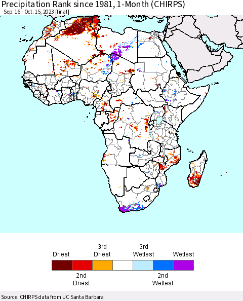 Africa Precipitation Rank since 1981, 1-Month (CHIRPS) Thematic Map For 9/16/2023 - 10/15/2023