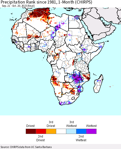 Africa Precipitation Rank since 1981, 1-Month (CHIRPS) Thematic Map For 9/21/2023 - 10/20/2023