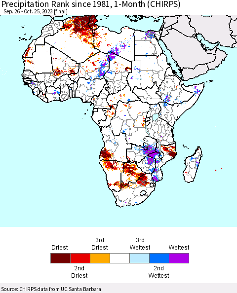 Africa Precipitation Rank since 1981, 1-Month (CHIRPS) Thematic Map For 9/26/2023 - 10/25/2023