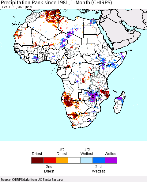 Africa Precipitation Rank since 1981, 1-Month (CHIRPS) Thematic Map For 10/1/2023 - 10/31/2023