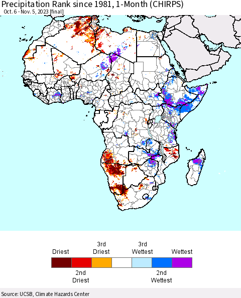 Africa Precipitation Rank since 1981, 1-Month (CHIRPS) Thematic Map For 10/6/2023 - 11/5/2023