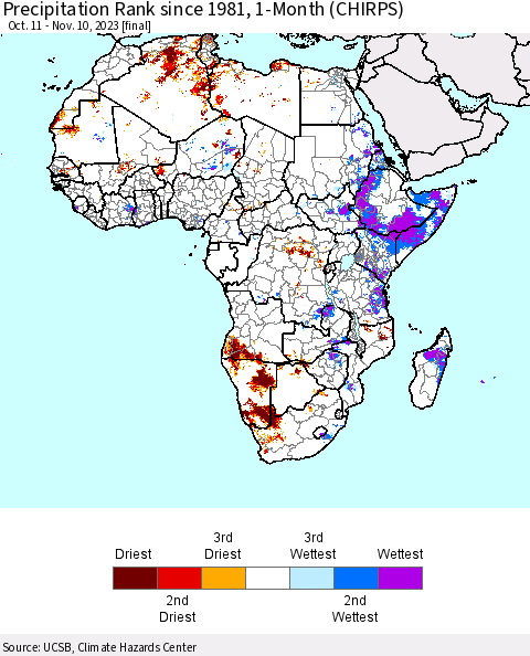 Africa Precipitation Rank since 1981, 1-Month (CHIRPS) Thematic Map For 10/11/2023 - 11/10/2023
