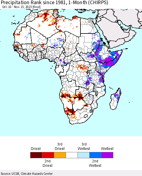 Africa Precipitation Rank since 1981, 1-Month (CHIRPS) Thematic Map For 10/16/2023 - 11/15/2023