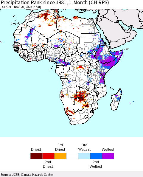 Africa Precipitation Rank since 1981, 1-Month (CHIRPS) Thematic Map For 10/21/2023 - 11/20/2023