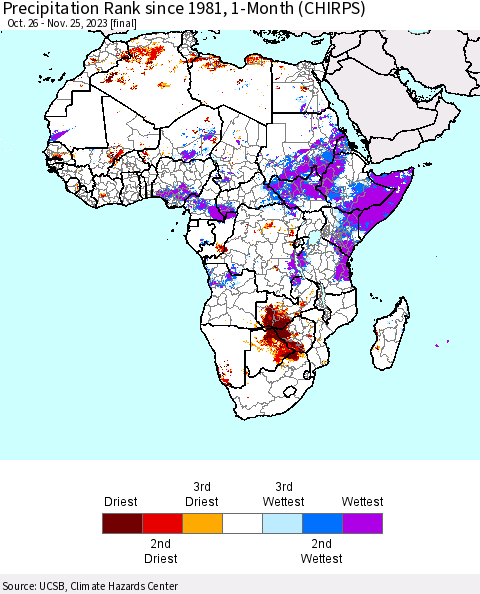 Africa Precipitation Rank since 1981, 1-Month (CHIRPS) Thematic Map For 10/26/2023 - 11/25/2023