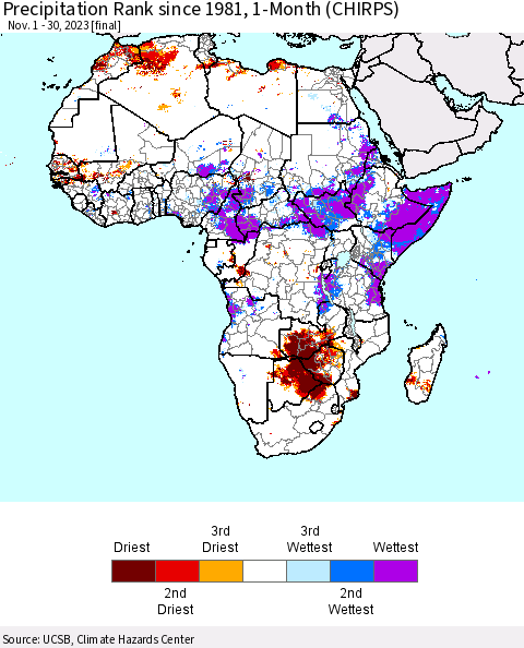 Africa Precipitation Rank since 1981, 1-Month (CHIRPS) Thematic Map For 11/1/2023 - 11/30/2023