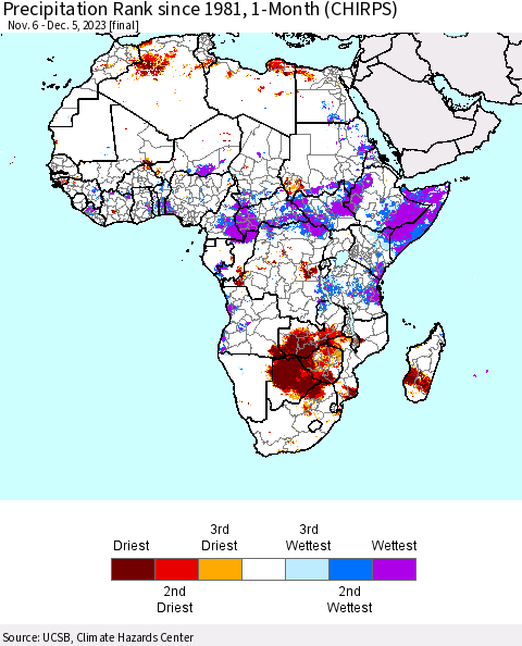 Africa Precipitation Rank since 1981, 1-Month (CHIRPS) Thematic Map For 11/6/2023 - 12/5/2023