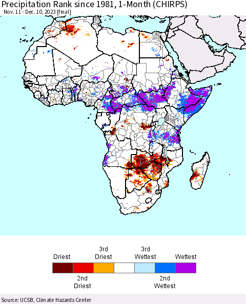 Africa Precipitation Rank since 1981, 1-Month (CHIRPS) Thematic Map For 11/11/2023 - 12/10/2023